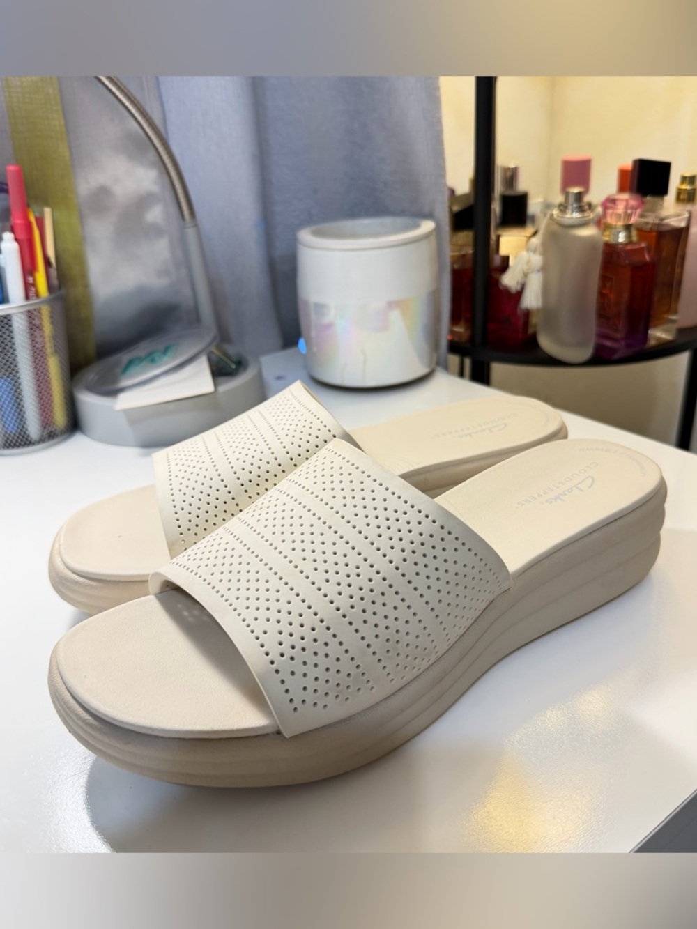 Clarks Women's Cream Perforated Slide Mules